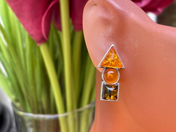 Amber Triangle Circle Square Post Stud Earrings - image 3
