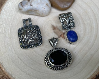 3 Sterling Silver Pendants with Marcasite, Lapis, & Onyx
