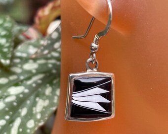 Modern Black and White Onyx Inlaid Sterrling Earrings