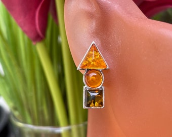 Amber Triangle Circle Square Post Stud Earrings
