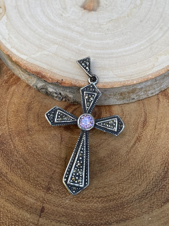 Amethyst Marcasite Sterling Silver Cross Pendant