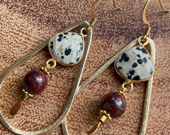 Handmade Dalmatian Jasper Gold Tone Earrings