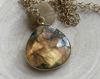 Labradorite with Long Gold Chain Necklace