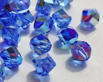20 Rare Vintage Swarovski Crystal Beads, Article 38 Also Known As Article 5006, Sapphire With An Aurore Boreale Finish, 7mm Crystal Beads