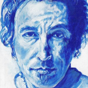 May include: A blue and white painting of a person's face. The person has a beard and is looking directly at the viewer.