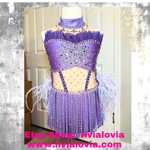 Purple Jazz Costume, Custom Dance Costume, Custom Leotard, Feather Leotard, Rhinestone Leotard, Custom Tap Costume, Custom Lyrical Costume