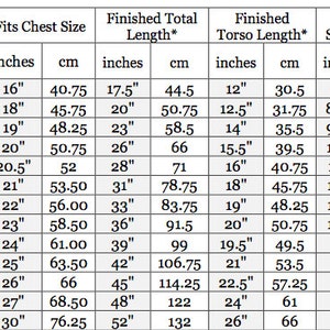 May include: A size chart for children's clothing, showing measurements in inches and cm. It includes chest size, total length, torso length, and sleeve length for sizes newborn to 10/12. The chart helps customers find the correct fit.
