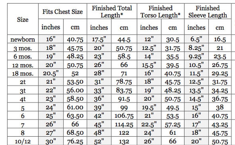 May include: A size chart for children's clothing, showing measurements in inches and cm. It includes chest size, total length, torso length, and sleeve length for sizes newborn to 10/12. The chart helps customers find the correct fit.