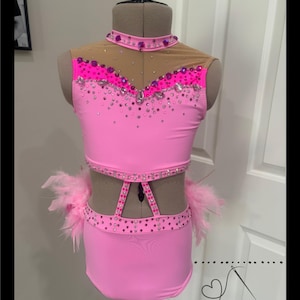 May include: A pink dance costume with a nude mesh top, embellished with rhinestones and crystals. It features a high neckline, a cut-out midriff, and a skirted bottom. Pink feathers adorn the sides. The brand name "LIVIALOVIA" is visible.