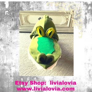 May include: A green alligator-themed hooded costume with yellow and black eye details, a green felt snout, and white fabric around the mouth. The Etsy shop name and website are displayed in pink text at the bottom.