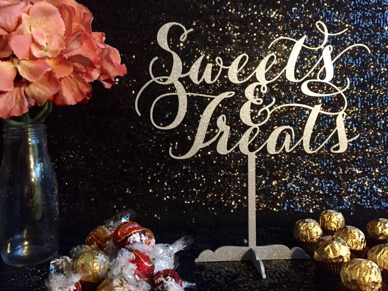 Glitter Table Sign Sweets Sweets and Treats Sign Wood Table Sign Candy Buffet Wedding Sign Rose Gold Table Dessert Table Table Sign