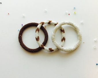 Nepal Beaded  Bracelets Set of 3 Gift Brown Silver White Chevron