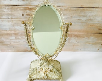 Coquette Vintage Victorian Antique Shabby Chic Table Mirror Vanity Swivel