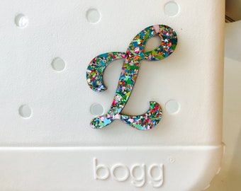 Multi Color Sparkle Glitter Script Initial Letter Charm Attachment for Bogg Bag Beach Bag Accessory