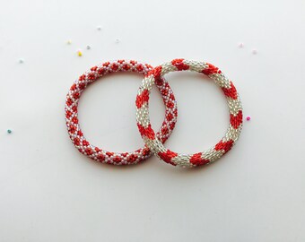 Nepal Handmade  Beaded  Bracelets Set of 2 Silver Red White Chevron