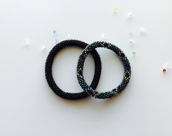 SET of 2 Nepal Beaded Bracelets Black Green Multi Silver  Mother's Day Gift