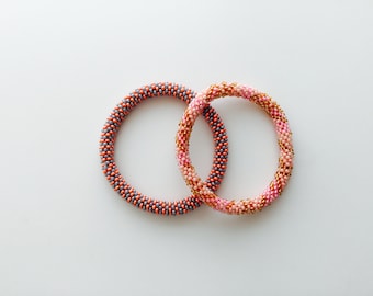 SET of 2  Nepal Beaded Bracelets Pink Gray Salmon Orange Gold  Mother's Day Gift
