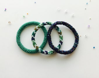 Nepal Beaded  Bracelets Set of 3 Gift  Green Blue Multi White Chevron