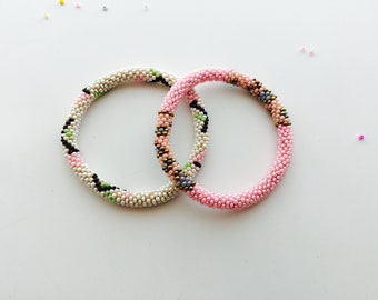 Set of 2 Nepal Beaded Bracelets Pink Bronze Gray Ivory Black Green Garden