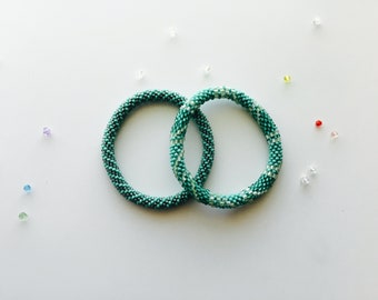 CLEARANCE SALE!  SET of 2 Nepal Beaded Bracelets Teal Green Gray Spiral