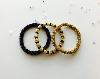Nepal Beaded  Bracelets Set of 3 Gift  Gold Black Beige Stripes