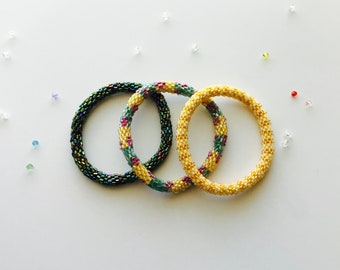 Nepal Beaded  Bracelets Set of 3 Gift Butter Yellow Green Gold Purple   Gift