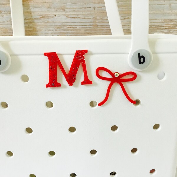 Red Glitter Initial Letter Charm / Coquette Bow Attachment for Bogg Bag Beach Bag Accessory