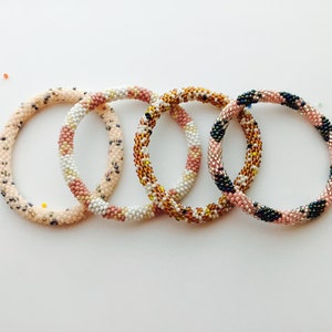 Nepal Beaded  Bead  Bracelet  Mauve Pink Peach Gray Dots Sprinkle Brown   Crochet
