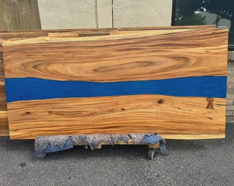 Live Edge Acacia Wood & River Blue Epoxy Dining Table Top – Handmade in Alexandria, VA FA53-7939 Live edge acacia wood 79"x39"