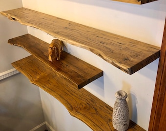 Rustic Live Edge Solid Teak Wood Floating Shelf With Hardware
