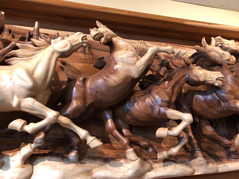 Solid Acacia Wood Running Horses Wall Relief Sculpture Statue