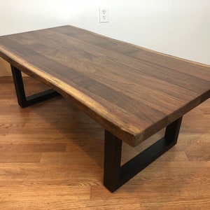 Live Edge Walnut Wood Slab Coffee Table with Metal Base – Rustic Modern Handmade Solid Wood Coffee Table, Industrial Farmhouse Furniture