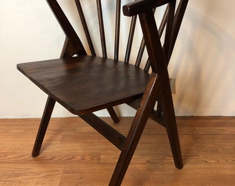 Mid century modern McKay spindle dining chair from solid teak wood in walnut brown finish . kitchen chair for walnut dining table