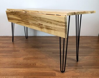 Drop leaf table ambrosia maple wood with hairpin metal base 60" x 36" rectangular . also available in custom size