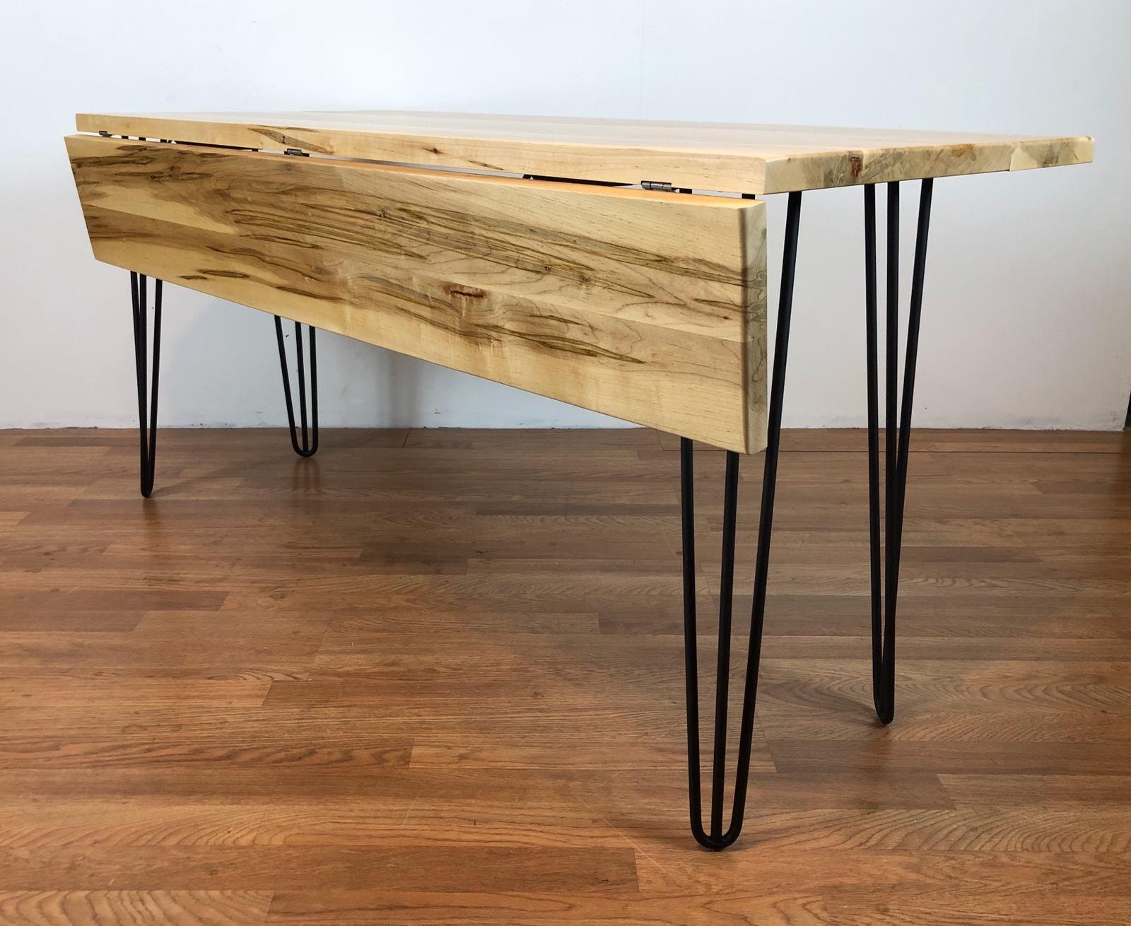 Drop Leaf Table Ambrosia Maple Wood With Hairpin Metal Base 60 X