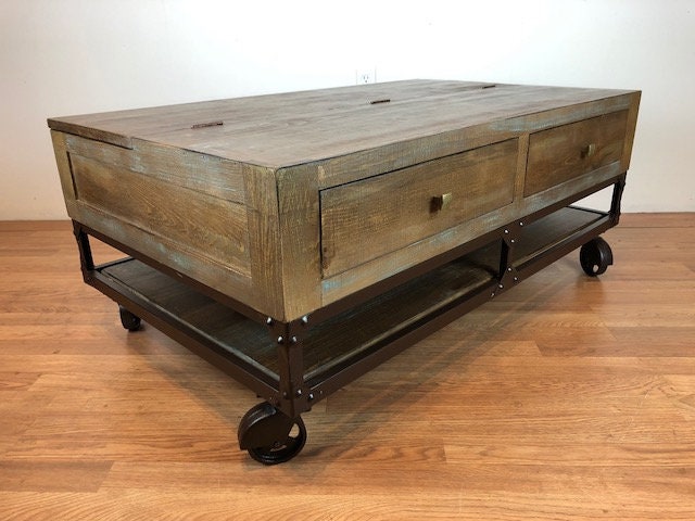 Rustic Modern Industrial Solid Wood Coffee Table With Casters Rustic Modern Industrial Solid Wood, Rolling Coffee Table With Storage