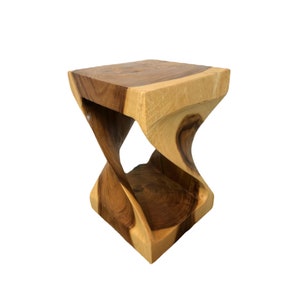Acacia Wood Twist Stool 12 X 12 X 18 in Teak Oil | Side Table | End Table | Plant Stand | Dining Table Seating