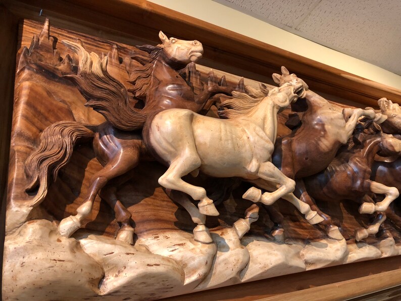 Solid Acacia Wood Running Horses Wall Relief Sculpture Statue Handcrafted Hanging Wall Art With