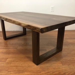 48&quot; x 24-25&quot; Natural live edge black solid walnut wood slab coffee table with square wood legs base