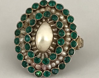 Vintage Austro Hungarian Style Silver Ring with Green Paste Stones and Pearls