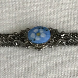 Vintage Silver Tone Mesh Bracelet with Painted Flower and Buckle Closure