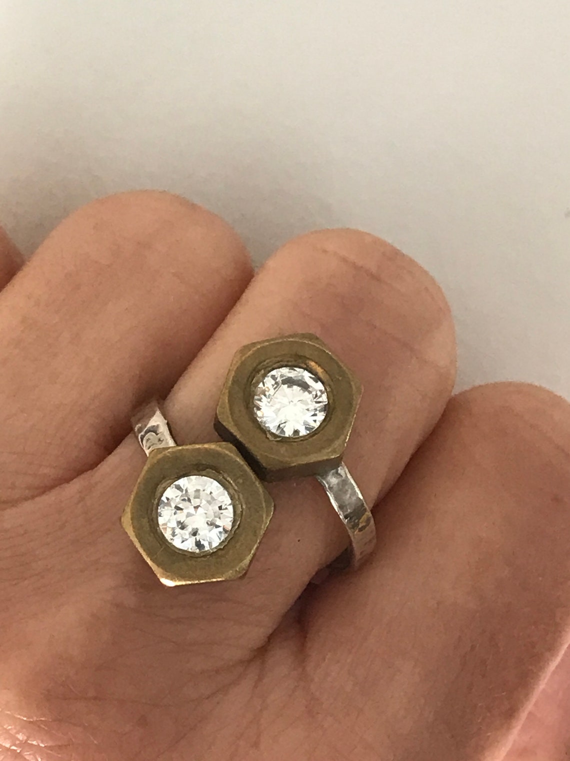 Unique Brass and Sterling Silver Double Nut Ring With Faceted Etsy