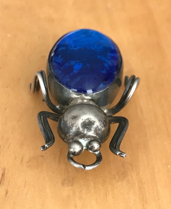 Vintage Czech Blue Glass Spider Brooch - image 2