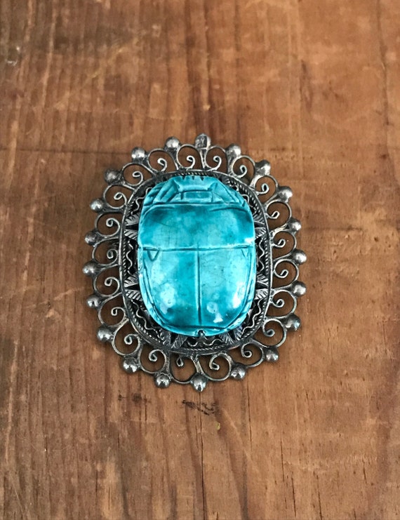 Vintage Ornate Sterling Silver Carved Blue Scarab… - image 1