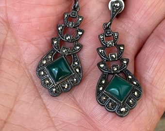 Vintage Sterling Silver Drop Earrings with Green Stone and Marcasite