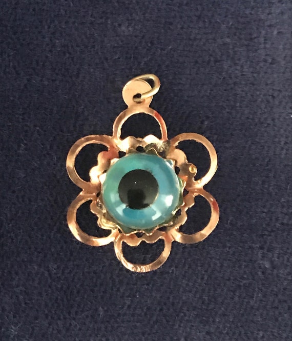 Vintage 9K Yellow Gold Blue Evil Eye Pendant Charm - image 2