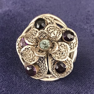 Vintage Sterling Silver Floral Ring with Light Blue and Purple Faceted Stones