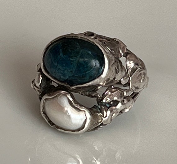 Vintage Ornate Sterling Silver Ring with Malachit… - image 1