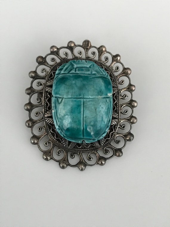 Vintage Ornate Sterling Silver Carved Blue Scarab… - image 3