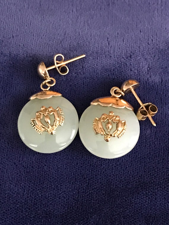 Vintage Ornate 18K Yellow Gold Jade Dangle Earrin… - image 2